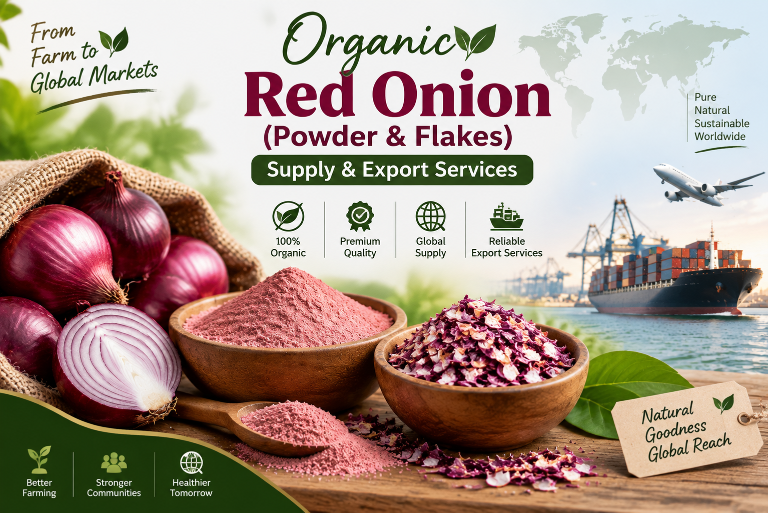 Premium organic red onion powder and flakes made from fresh onions, preserving rich flavour, aroma and natural nutrients. Ideal for seasoning, sauces and culinary applications.