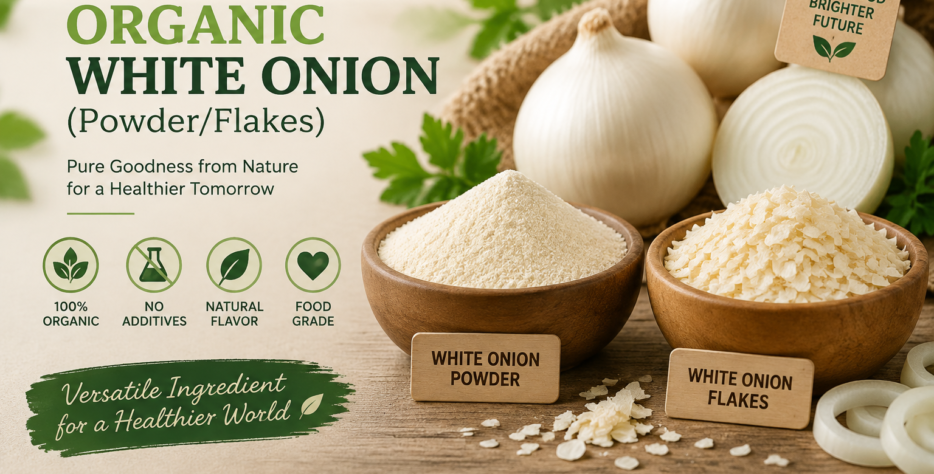 Premium organic white onion powder and flakes prepared from fresh onions, preserving natural flavour, aroma and nutrients. Ideal for seasoning, sauces and food applications.