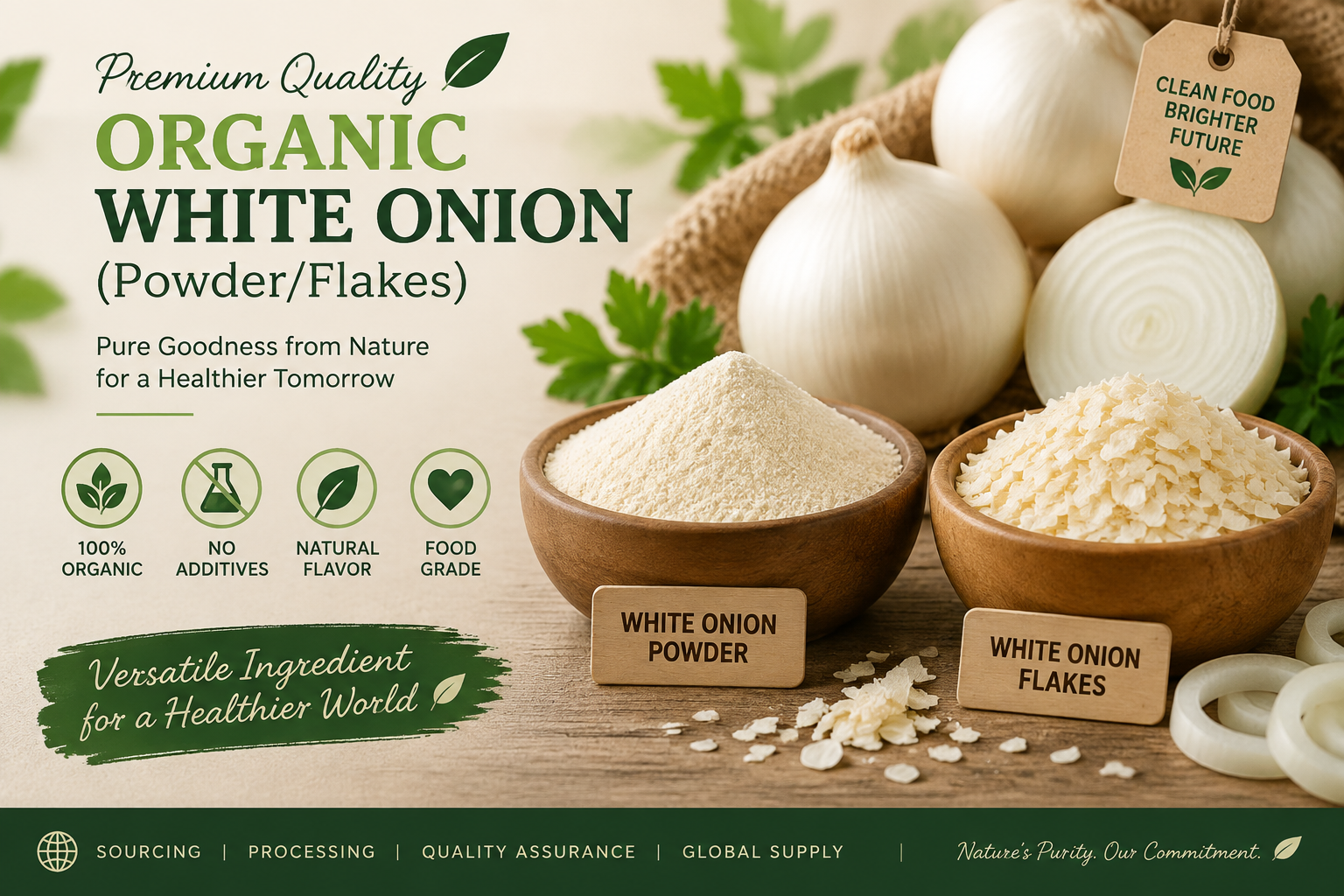 Premium organic white onion powder and flakes prepared from fresh onions, preserving natural flavour, aroma and nutrients. Ideal for seasoning, sauces and food applications.