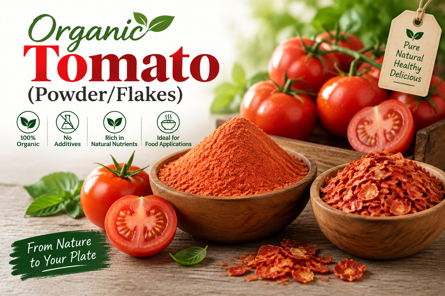 Premium organic tomato powder and flakes made from fresh tomatoes, preserving natural taste, colour and nutrients. Ideal for sauces, snacks, beverages and food applications.