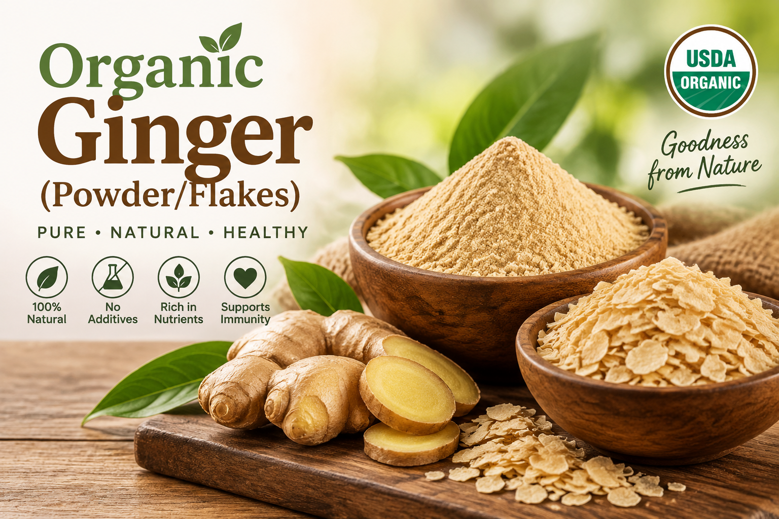 Premium organic ginger powder and flakes processed from fresh ginger roots, preserving natural aroma, flavour and nutrients. Ideal for beverages, seasoning and healthy recipes.