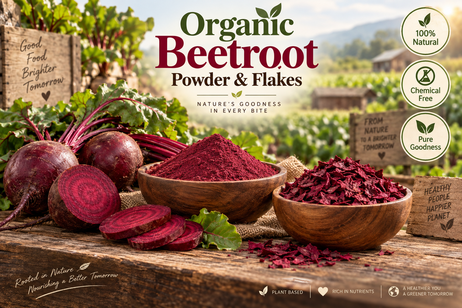 Premium organic beetroot powder and flakes prepared from fresh beetroots, maintaining natural colour, nutrients and taste. Ideal for healthy foods, beverages and culinary applications.