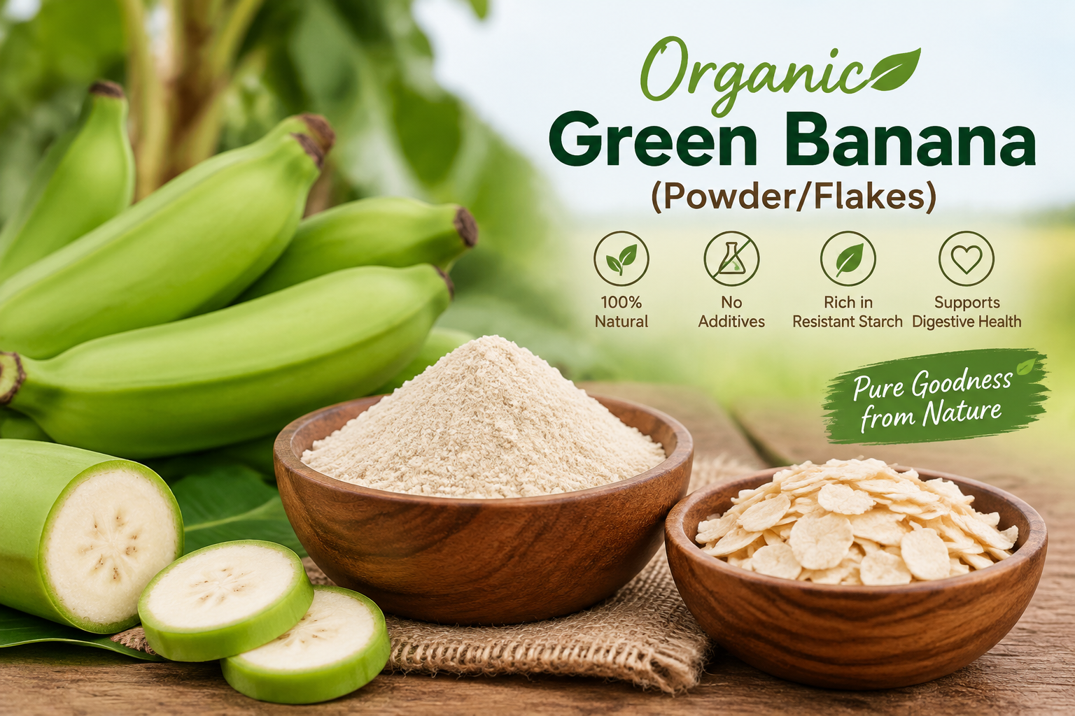 Premium organic green banana powder and flakes made from fresh bananas, preserving natural nutrients and flavour. Ideal for healthy food products, beverages and daily recipes.
