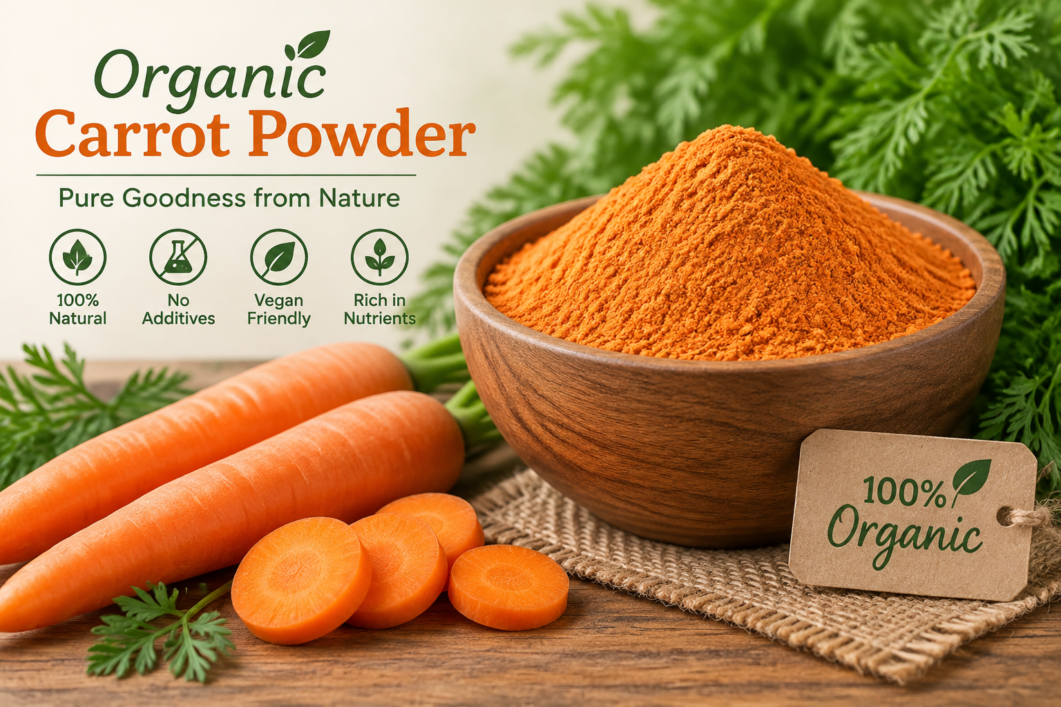 Premium organic carrot powder made from naturally grown carrots, preserving rich colour, nutrients and natural flavour. Ideal for food, beverages and healthy recipes with pure quality.