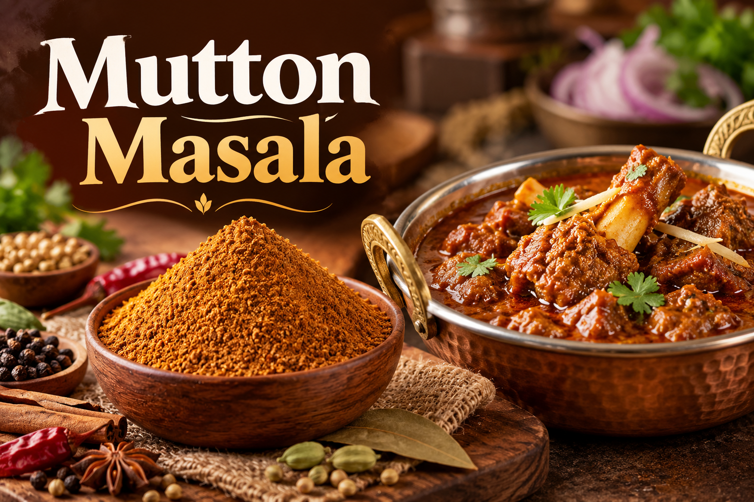 Premium Mutton Masala blend by Sattva Dust (DMPL): 100% pure, low-temperature ground spices delivering rich aroma and authentic flavor for commercial food processing and global exports.