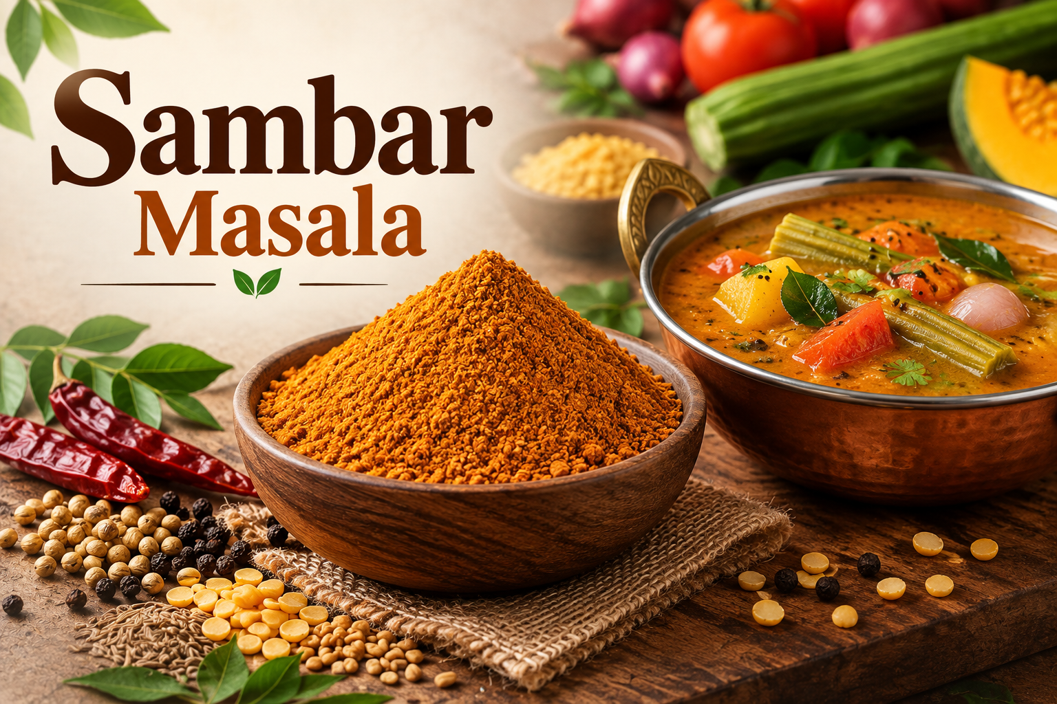 Authentic, aromatic Sambar Masala blended with low-temperature ground organic spices. Delivers rich flavor and traditional South Indian taste for commercial food production.